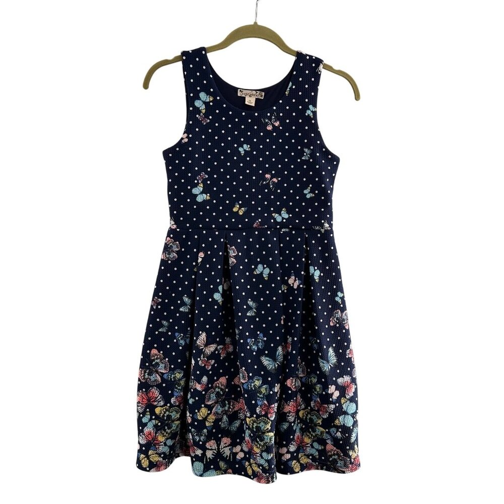 Girls Knitworks Navy Polka Dot 14 Butterfly Print Sleeveless Dress Pleated Skirt